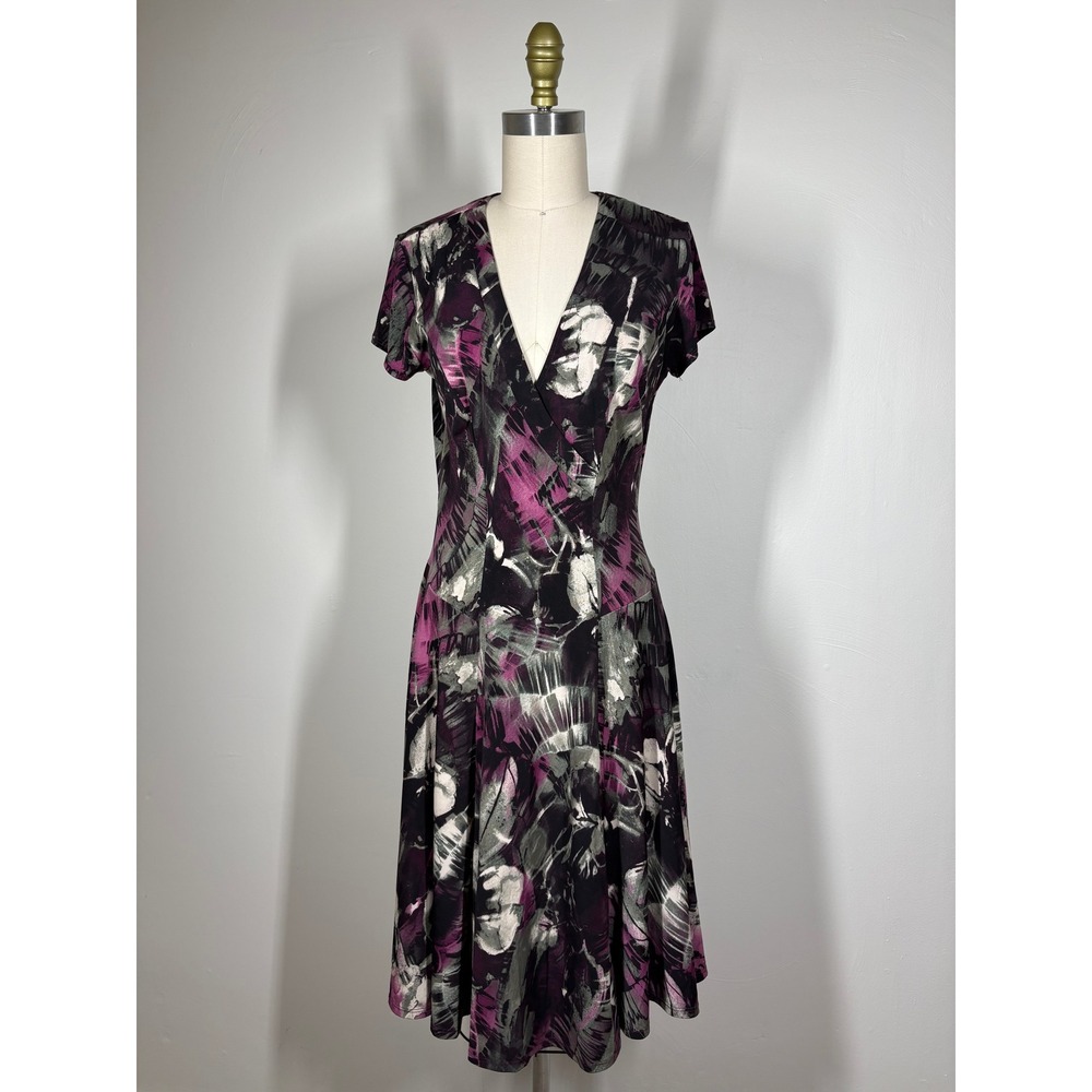 Vintage 90s Y2K Another Thyme Dress 8 Purple Abstract Floral V-Neck Stretchy